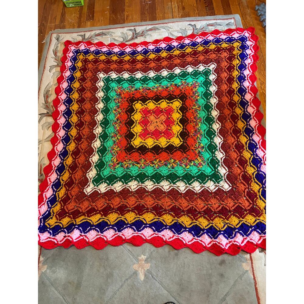 Handmade Crochet Mandala Afghan Throw Blanket Multicolor Boho 55" Square